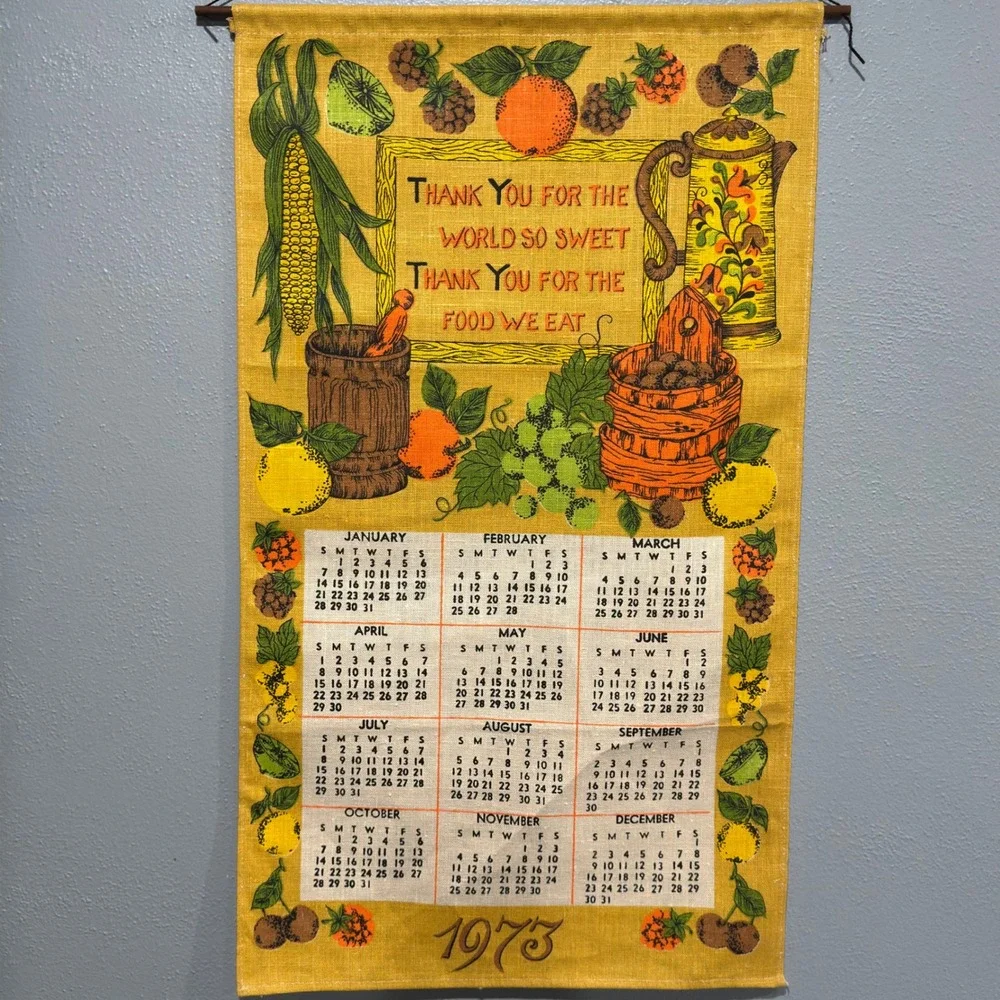 Vintage 1973 Linen Calendar Tea Towel Wall Hanging Harvest Fruit Kitchen Decor